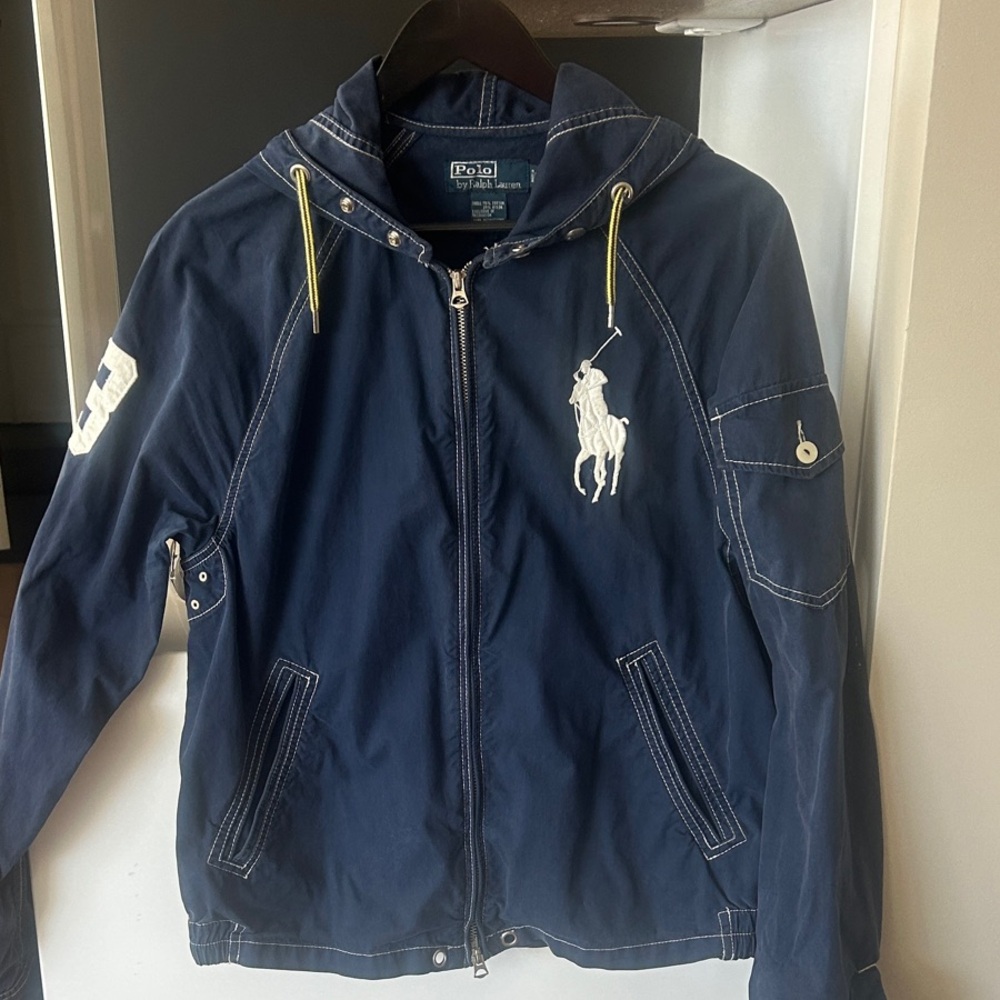 Vintage!  Polo Ralph Lauren Navy Hooded Zip Jacket with Large White Pony Logo.